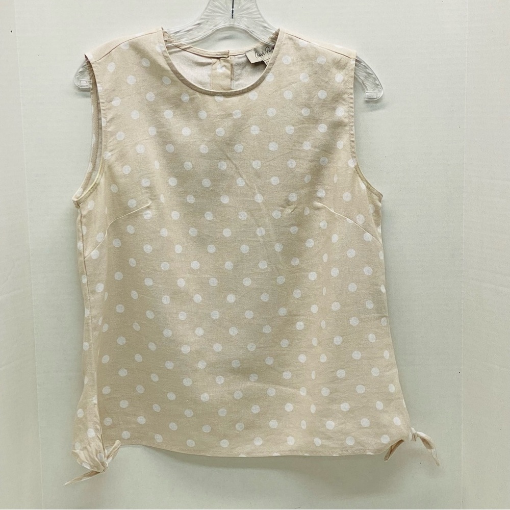 Charlie Paige Womens Sleeveless Top Size S Beige White Polka Dots Linen Blend